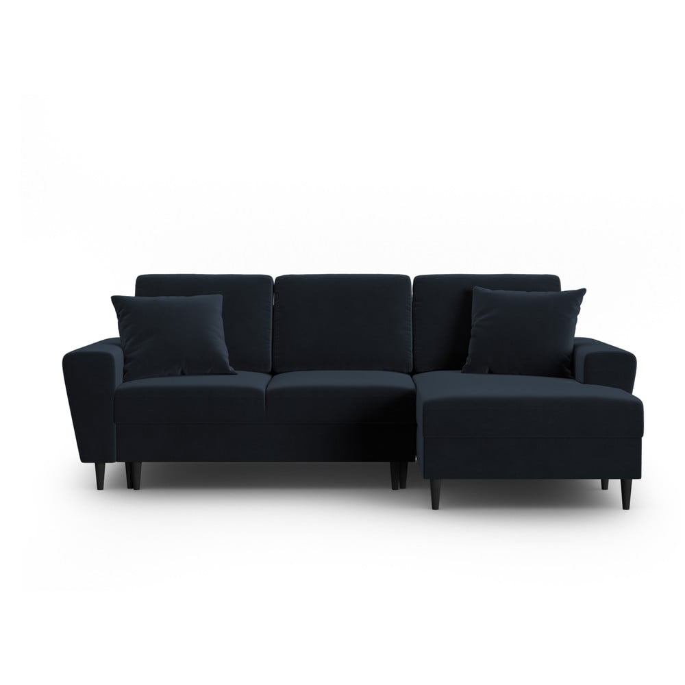 Sötétkék bársony kinyitható tárolóhelyes sarokkanapé (jobb oldali-heverő résszel) Kyoto – Cosmopolitan Design
