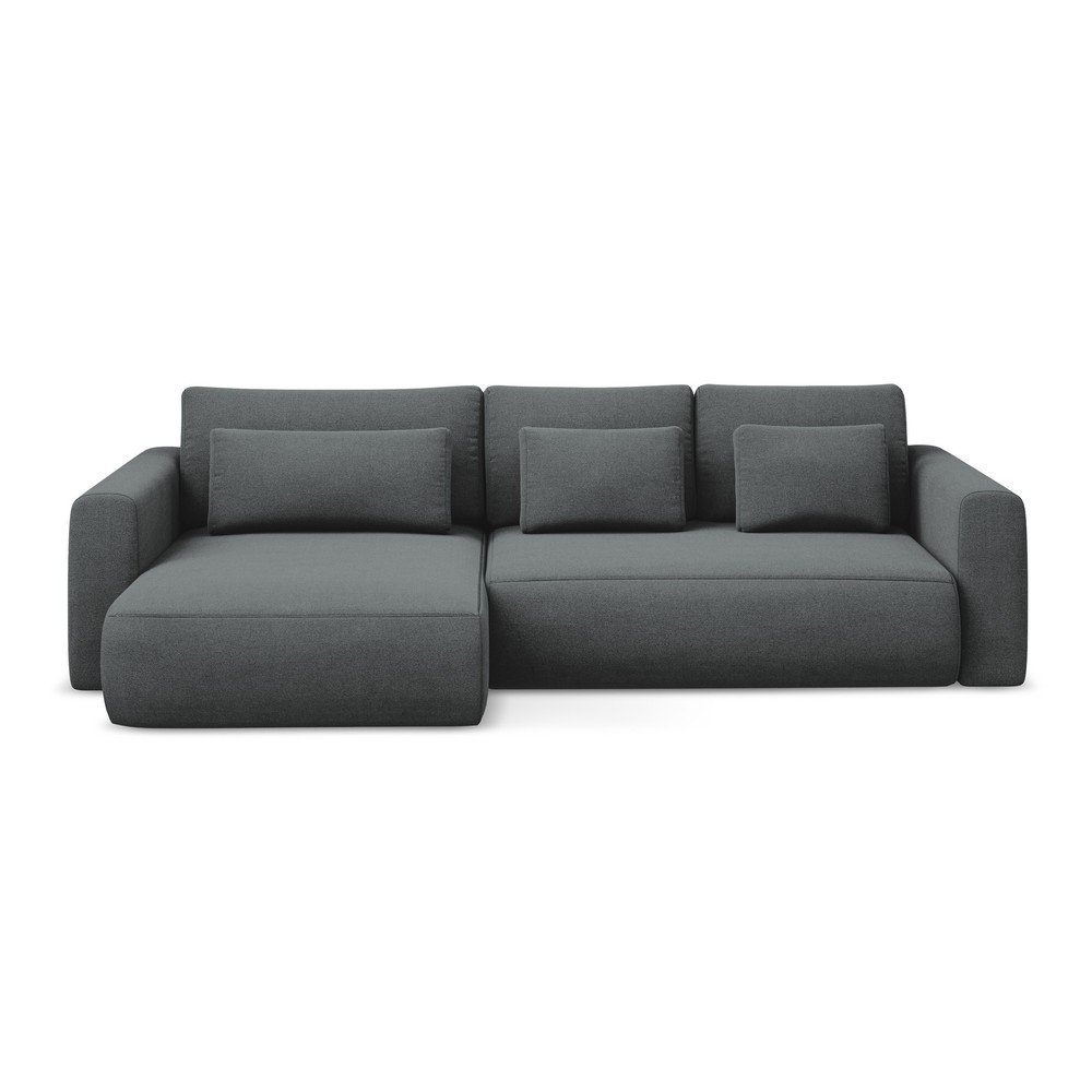 Sötétszürke kinyitható-tárolóhelyes sarokkanapé (bal oldali-heverő résszel) Kapua – Makamii