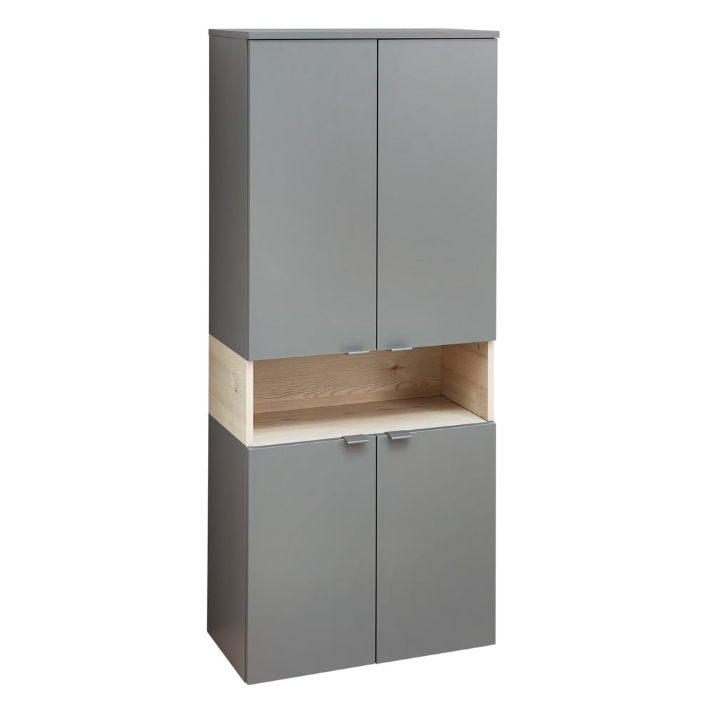 Szürke-natúr színű magas-fali fürdőszoba szekrény borovi fenyő dekorral 142x60 cm Quickset 394 – Pelipal