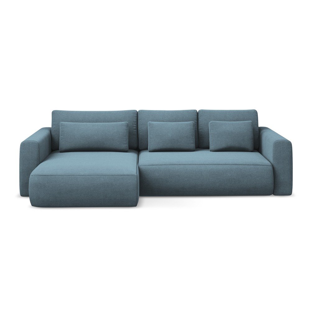 Világoskék kinyitható-tárolóhelyes sarokkanapé (bal oldali-heverő résszel) Kapua – Makamii