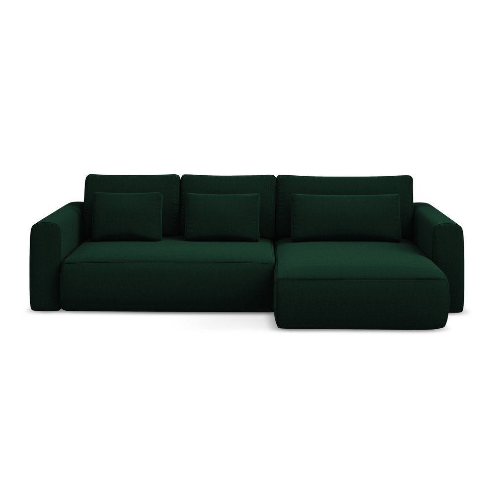 Zöld bársony kinyitható-tárolóhelyes sarokkanapé (jobb oldali-heverő résszel) Kapua – Makamii