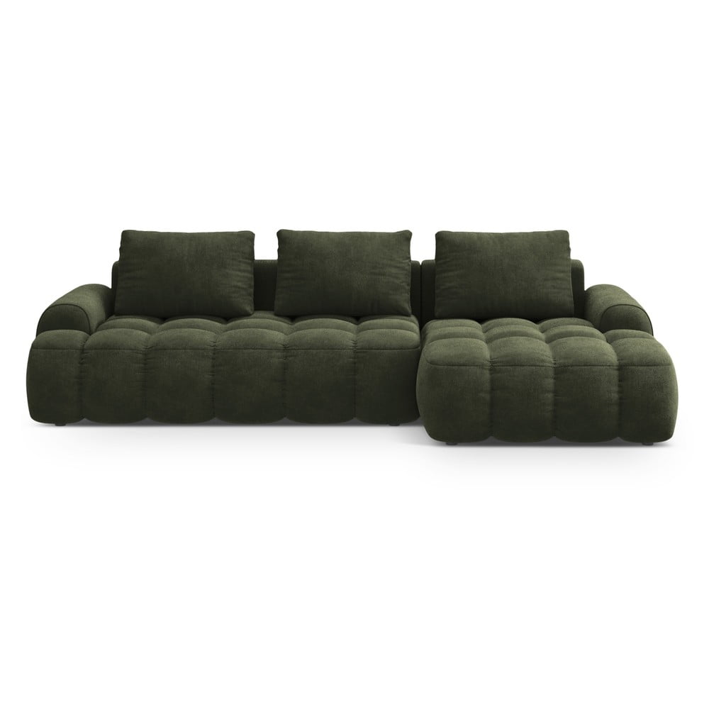 Zöld bársony kinyitható-tárolóhelyes sarokkanapé (jobb oldali-heverő résszel) Linz – Cosmopolitan Design