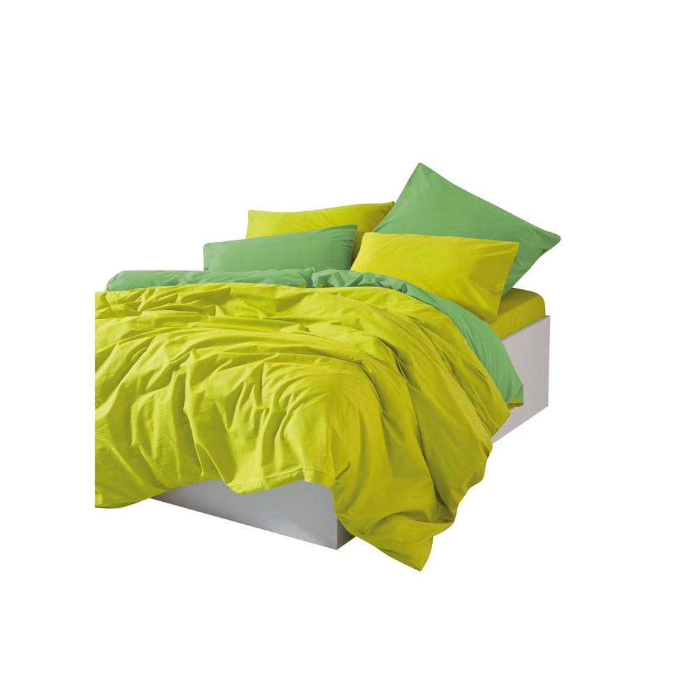 Sárga-zöld négyrészes  kétszemélyes hosszabbított renforcé pamut ágyneműhuzat lepedővel  200x220 cm Sage – Mijolnir