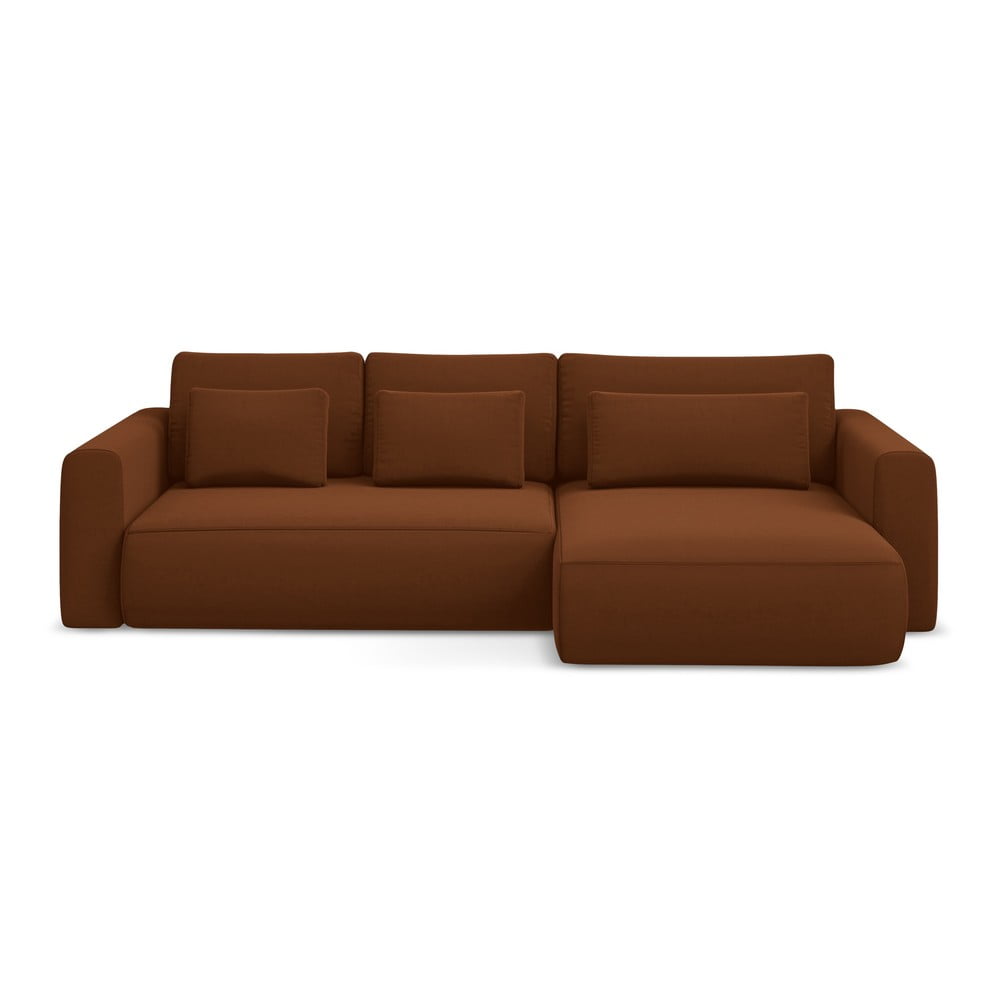 Terrakotta színű bársony kinyitható-tárolóhelyes sarokkanapé (jobb oldali-heverő résszel) Kapua – Makamii