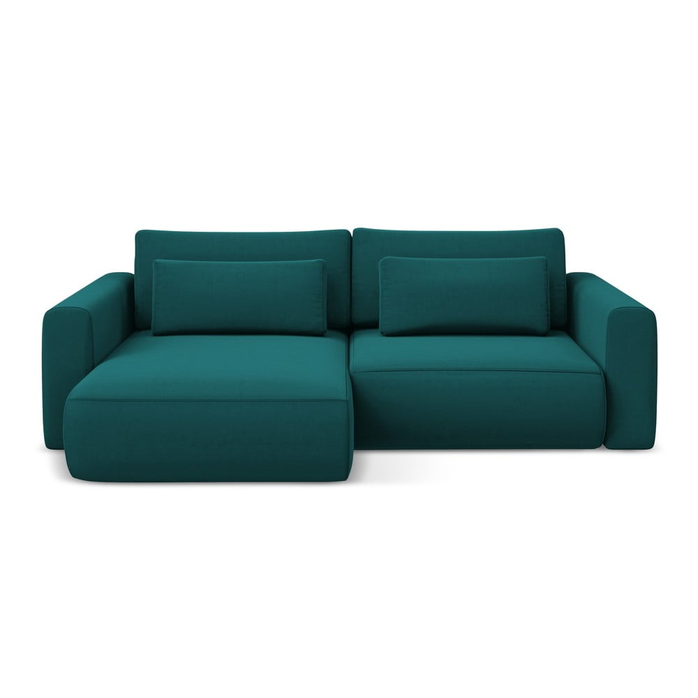 Türkiz bársony kinyitható-tárolóhelyes sarokkanapé (bal oldali-heverő résszel) Kapua – Makamii