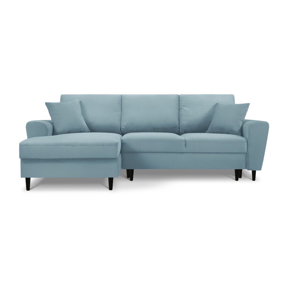 Világoskék kordbársony kinyitható tárolóhelyes sarokkanapé (bal oldali-heverő résszel) Kyoto – Cosmopolitan Design