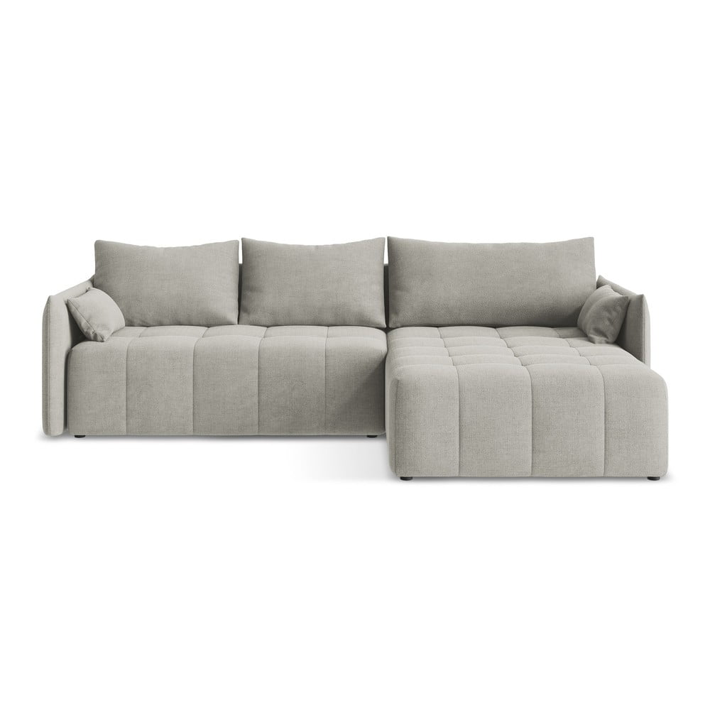 Világosszürke kinyitható-tárolóhelyes sarokkanapé (jobb oldali-heverő résszel) Moku – Makamii