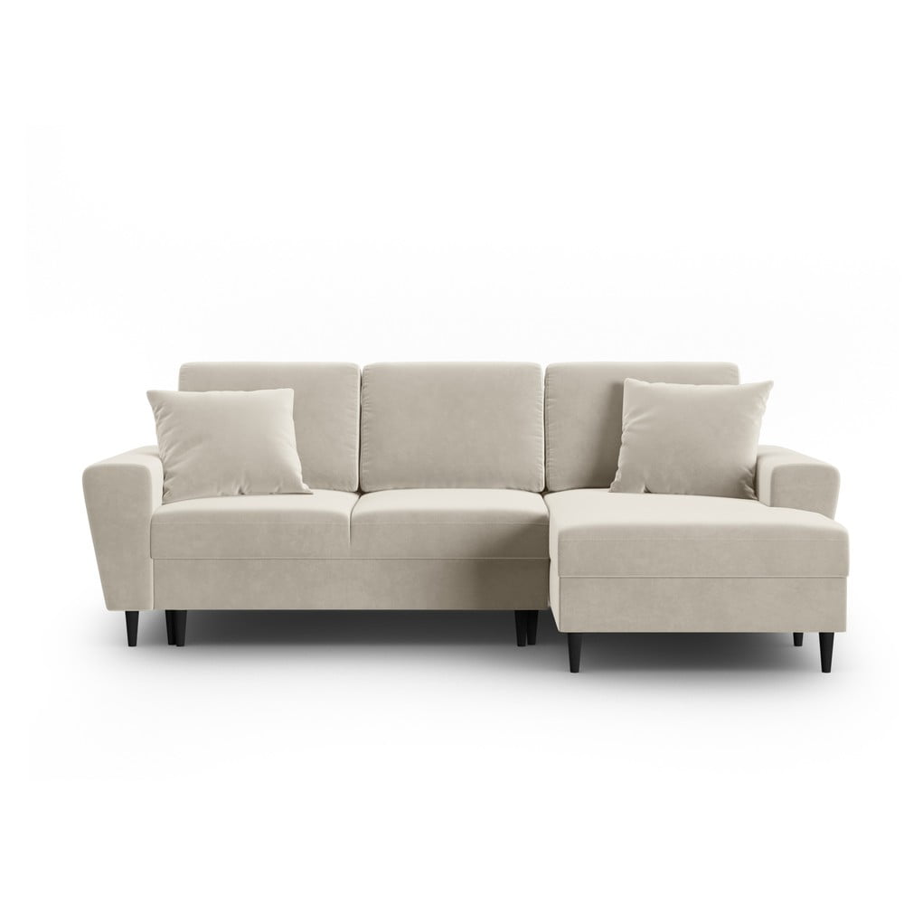 Bézs bársony kinyitható tárolóhelyes sarokkanapé (jobb oldali-heverő résszel) Kyoto – Cosmopolitan Design