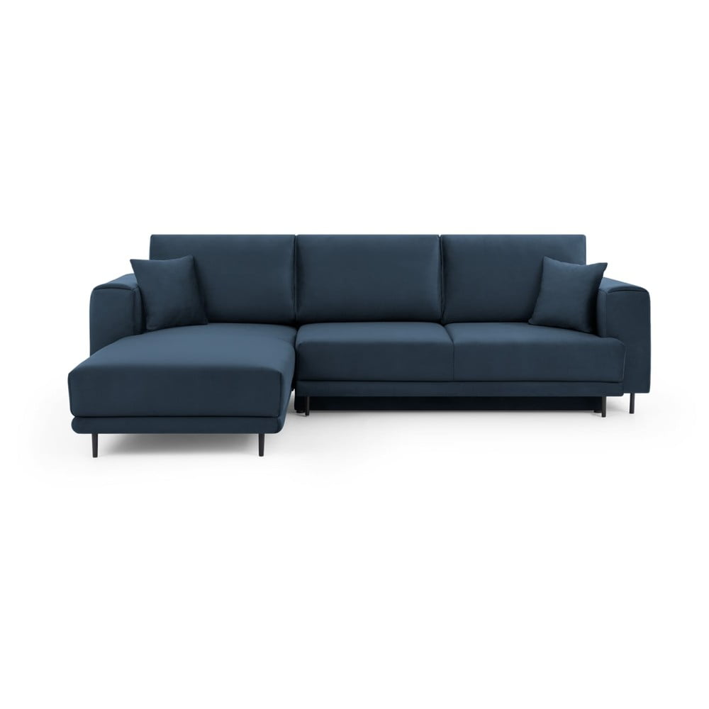 Kék bársony kinyitható-tárolóhelyes sarokkanapé (bal oldali-heverő résszel) Dalia – ELTAP