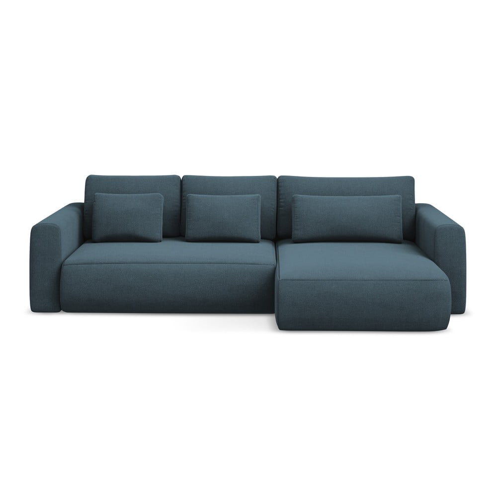 Kék kinyitható-tárolóhelyes sarokkanapé (jobb oldali-heverő résszel) Kapua – Makamii