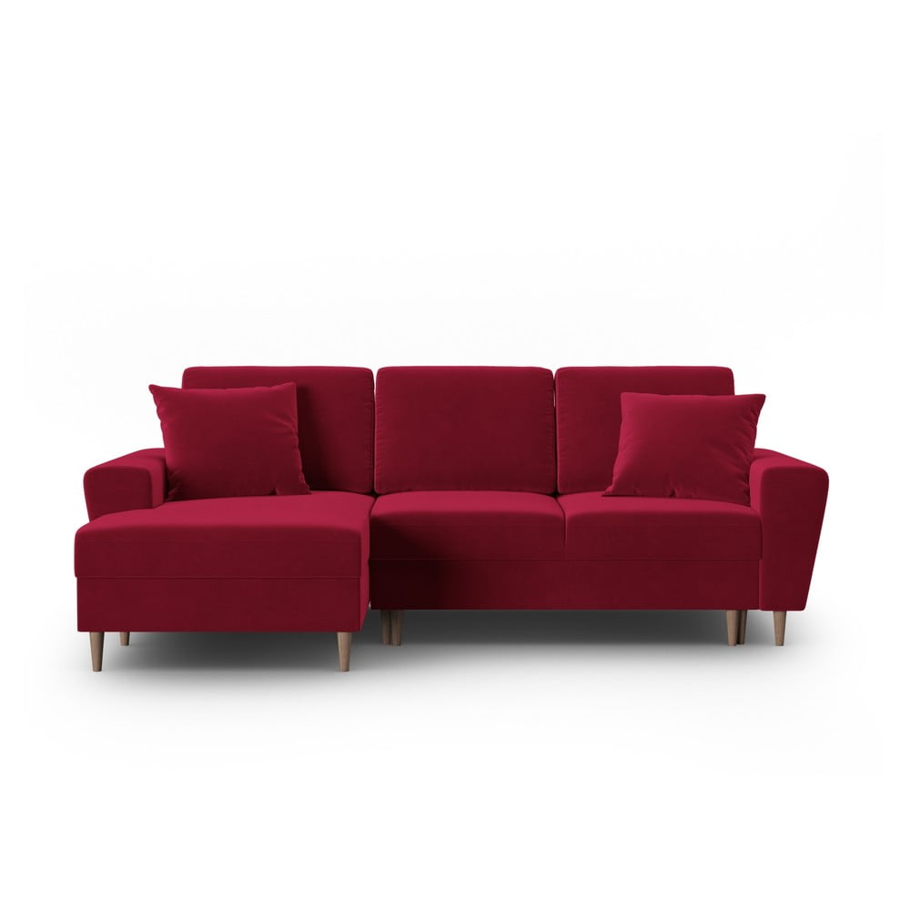 Piros bársony kinyitható tárolóhelyes sarokkanapé (bal oldali-heverő résszel) Kyoto – Cosmopolitan Design