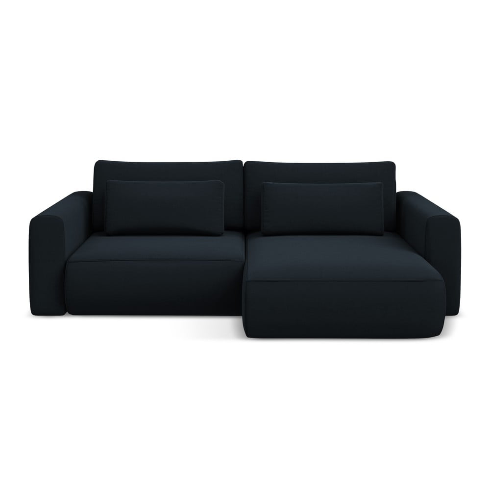 Sötétkék bársony kinyitható-tárolóhelyes sarokkanapé (jobb oldali-heverő résszel) Kapua – Makamii