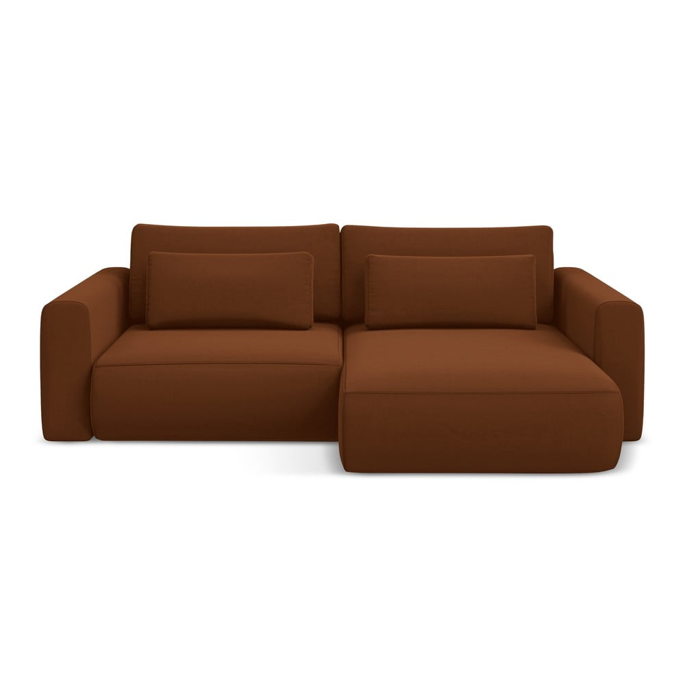 Terrakotta színű bársony kinyitható-tárolóhelyes sarokkanapé (jobb oldali-heverő résszel) Kapua – Makamii