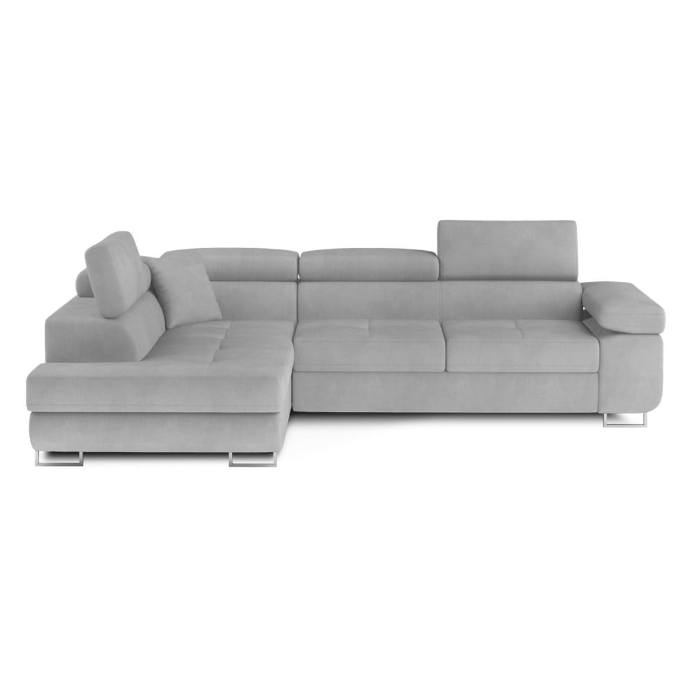 Világosszürke bársony kinyitható-tárolóhelyes sarokkanapé (bal oldali-L alakú) Anton – ELTAP