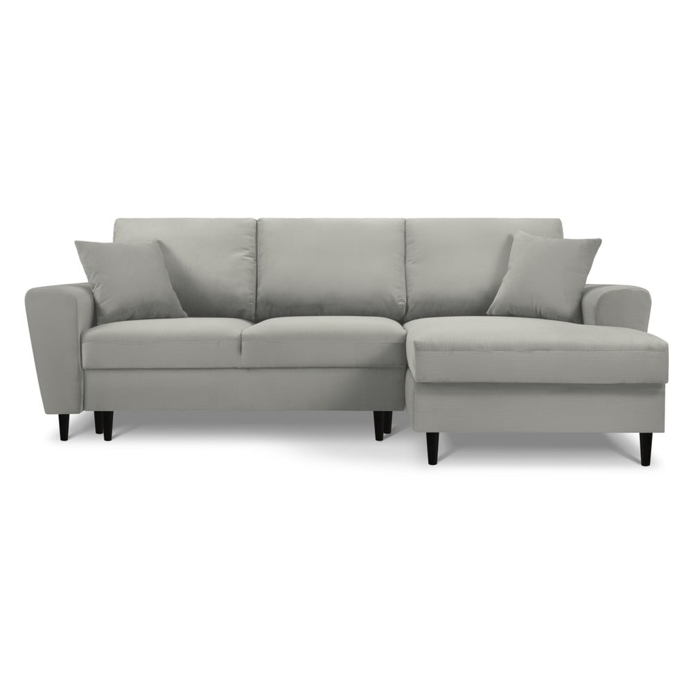 Világosszürke kordbársony kinyitható tárolóhelyes sarokkanapé (jobb oldali-heverő résszel) Kyoto – Cosmopolitan Design