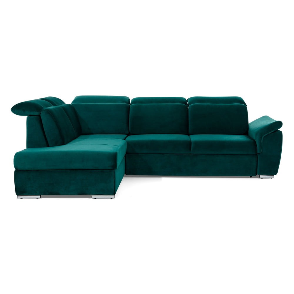 Zöld bársony kinyitható-tárolóhelyes sarokkanapé (bal oldali-L alakú) Loreto – ELTAP