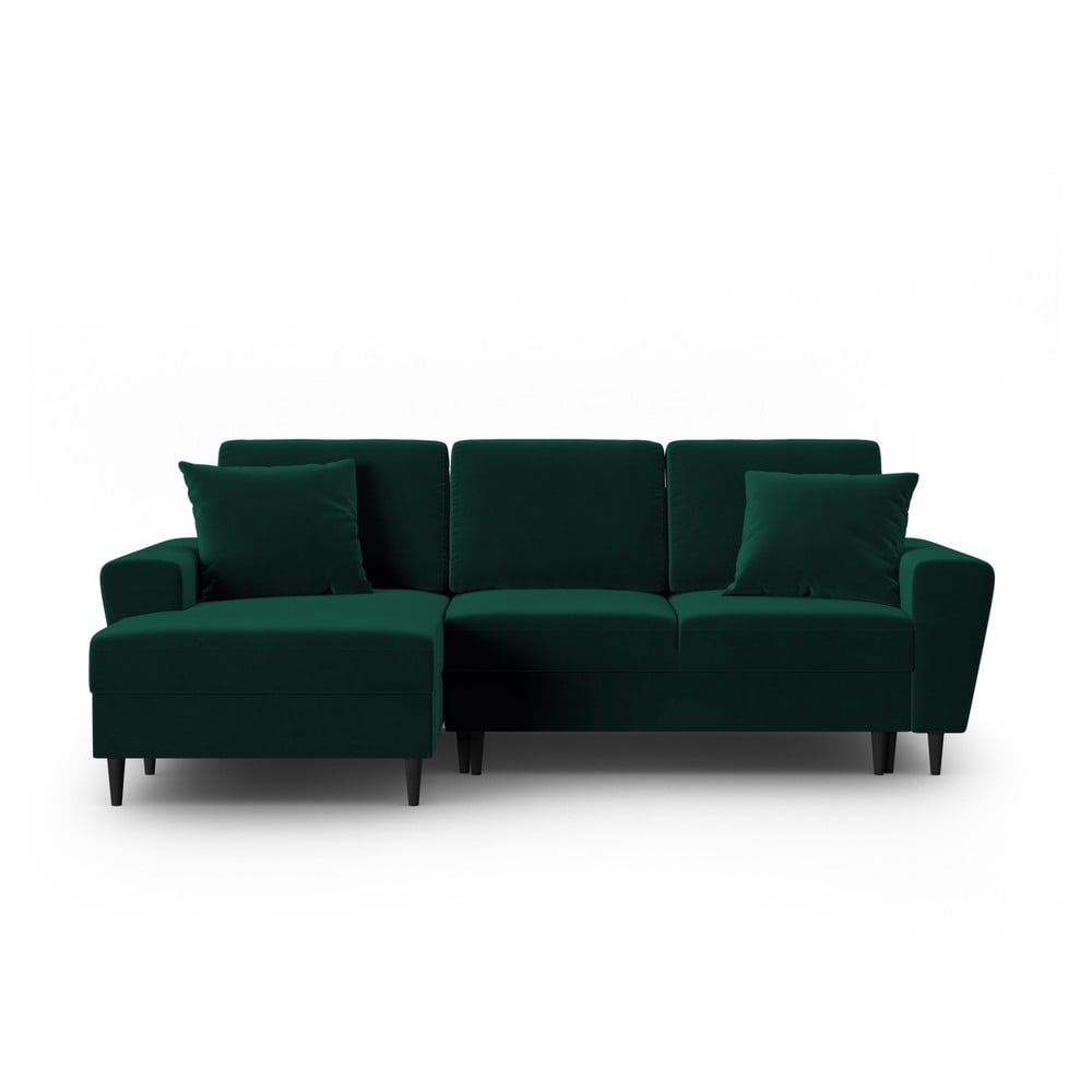 Zöld bársony kinyitható tárolóhelyes sarokkanapé (bal oldali-heverő résszel) Kyoto – Cosmopolitan Design