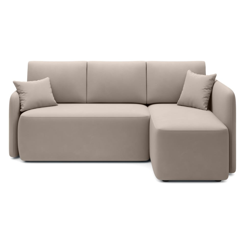 Bézs bársony kinyitható-tárolóhelyes sarokkanapé (jobb oldali-heverő résszel) Hadson – ELTAP