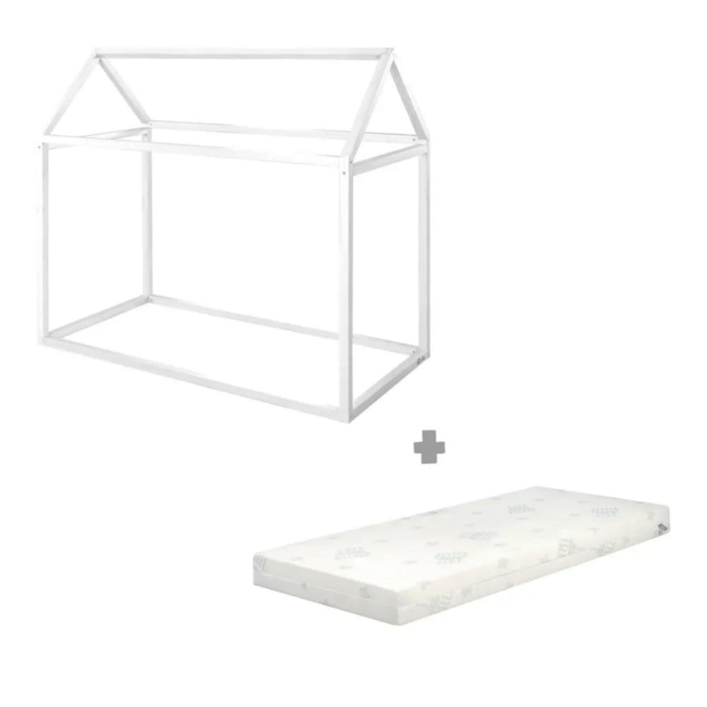 Fehér borovi fenyő házikó alakú gyerekágy matraccal-ágyrács nélkül 70x140 cm House Bed – Roba