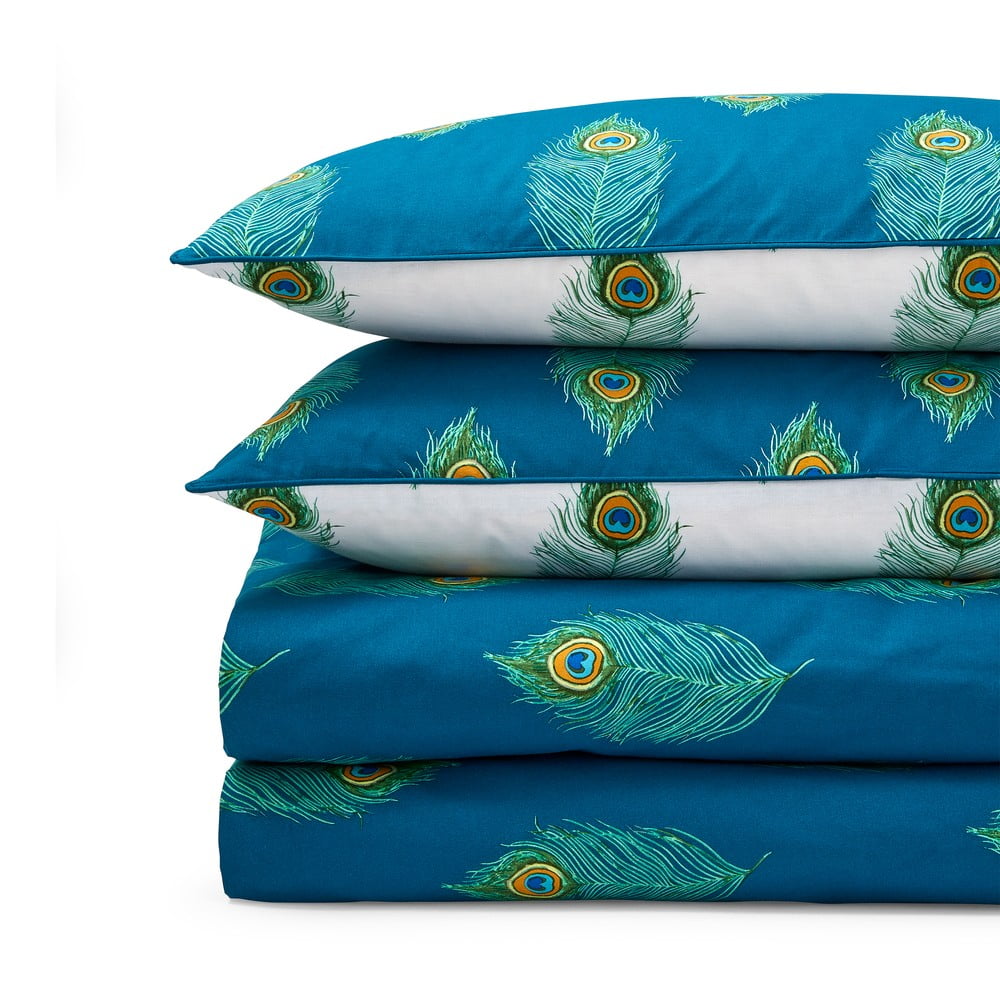 Fehér-kékeszöld kétszemélyes-hosszabbított pamut ágyneműhuzat 230x220 cm Peacock Feather – Their Nibs