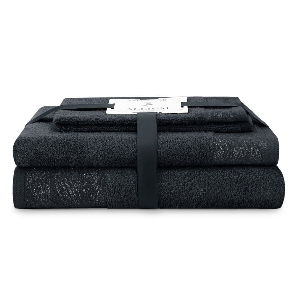 Fekete frottír pamut törölköző és fürdőlepedő készlet 3 db-os Allium – Restilo