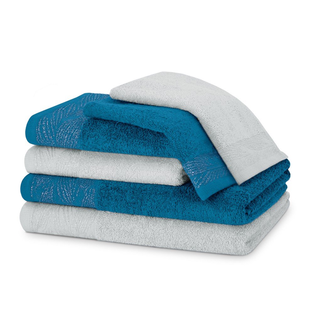 Kék-szürke frottír pamut törölköző és fürdőlepedő készlet 6 db-os Allium – Restilo