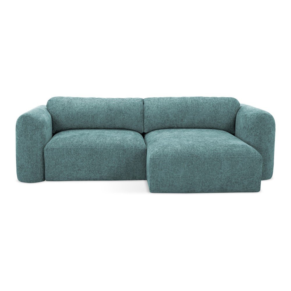 Kék zsenília kinyitható-tárolóhelyes sarokkanapé (jobb oldali-heverő résszel) Mele – Makamii