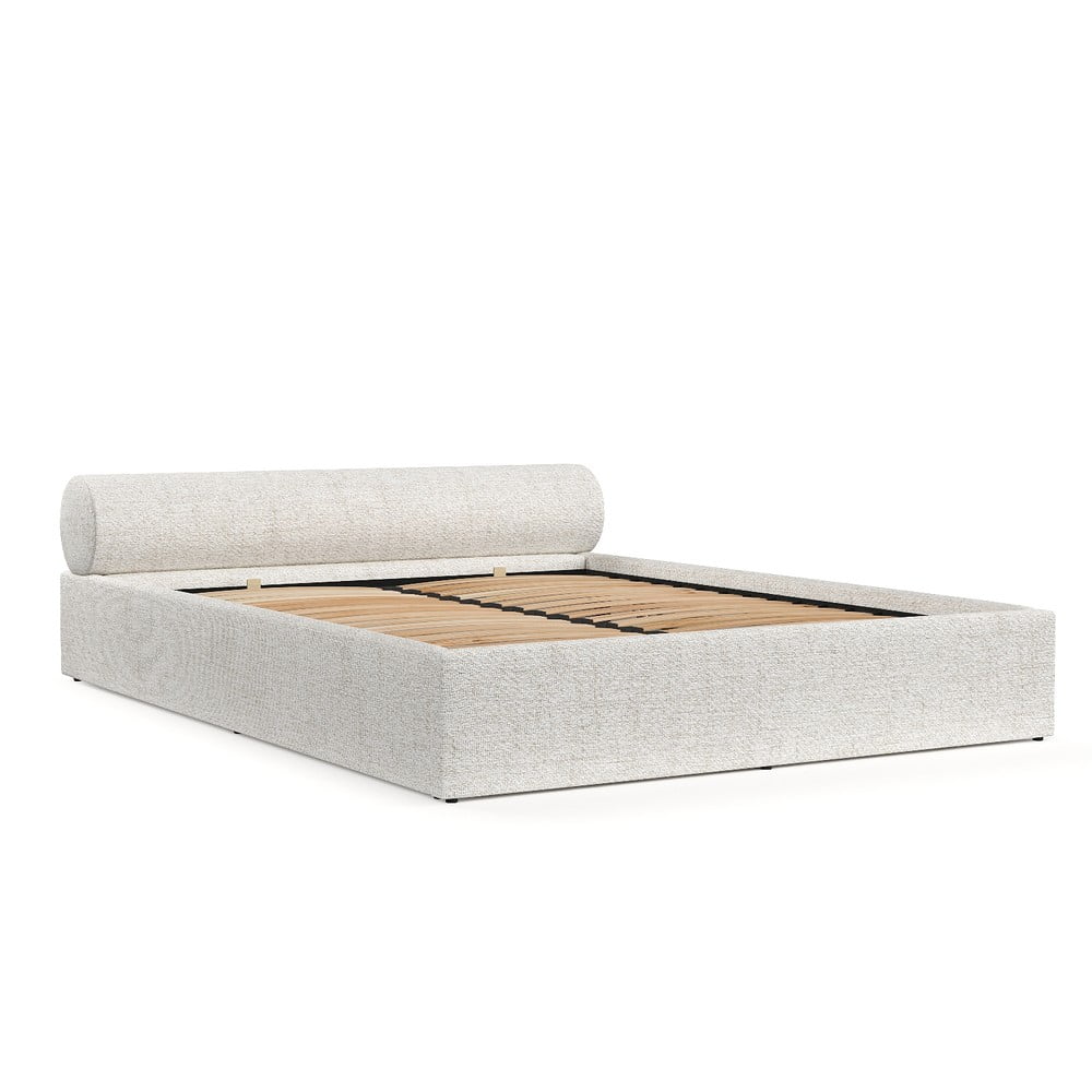 Krémszínű kárpitozott ágyneműtartós franciaágy ágyráccsal 160x200 cm Solvo – Maison de Rêve