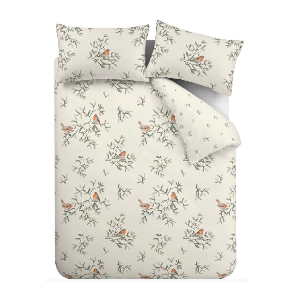 Krémszínű kétszemélyes-hosszabbított flanel ágyneműhuzat 230x220 cm Mistletoe Robins – Catherine Lansfield