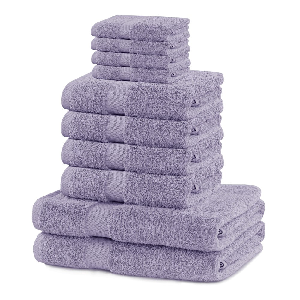 Levendula színű frottír pamut törölköző és fürdőlepedő készlet 10 db-os Marina – Restilo