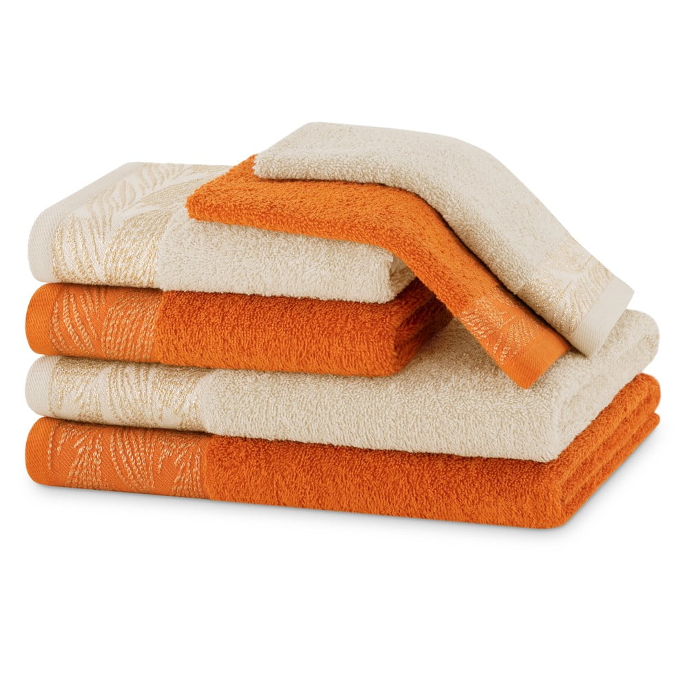 Narancssárga-bézs frottír pamut törölköző és fürdőlepedő készlet 6 db-os Allium – Restilo