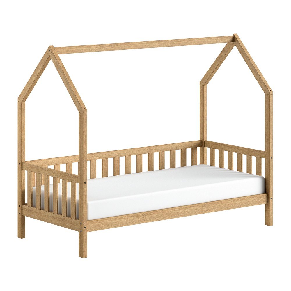 Natúr színű tölgyfa házikó alakú gyerekágy ágyráccsal 90x200 cm Cabane – Vipack