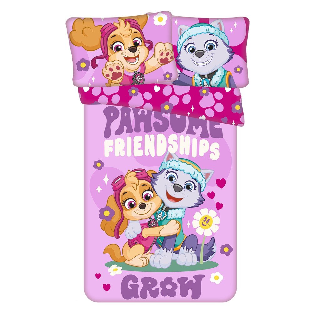 Rózsaszín pamut gyerek ágyneműhuzat babaágyhoz 100x135 cm Paw Patrol "Pawsome friendships grow" – Jerry Fabrics