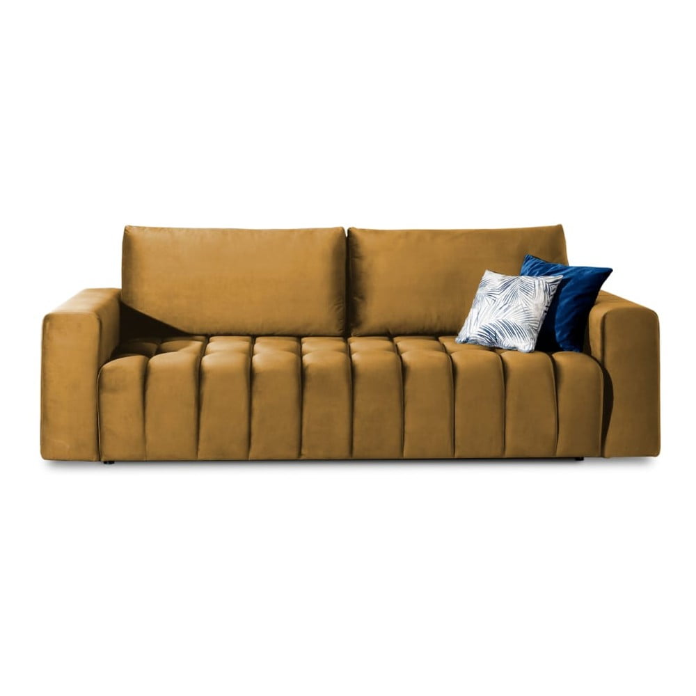 Sárga bársony kinyitható-tárolóhelyes kanapé 247 cm Lazaro – ELTAP