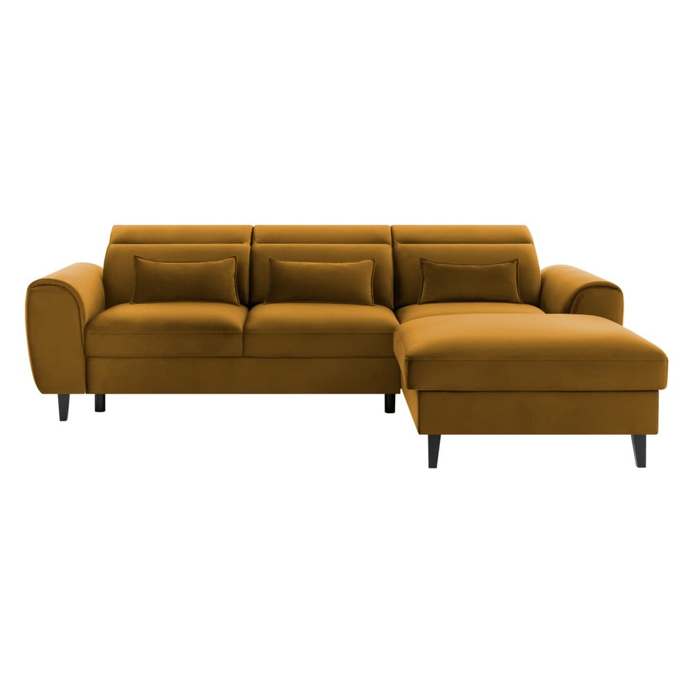 Sárga bársony kinyitható-tárolóhelyes sarokkanapé (jobb oldali-heverő résszel) Foble – ELTAP