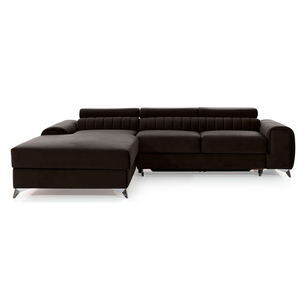 Sötétbarna bársony kinyitható-tárolóhelyes sarokkanapé (bal oldali-heverő résszel) Grayson – ELTAP