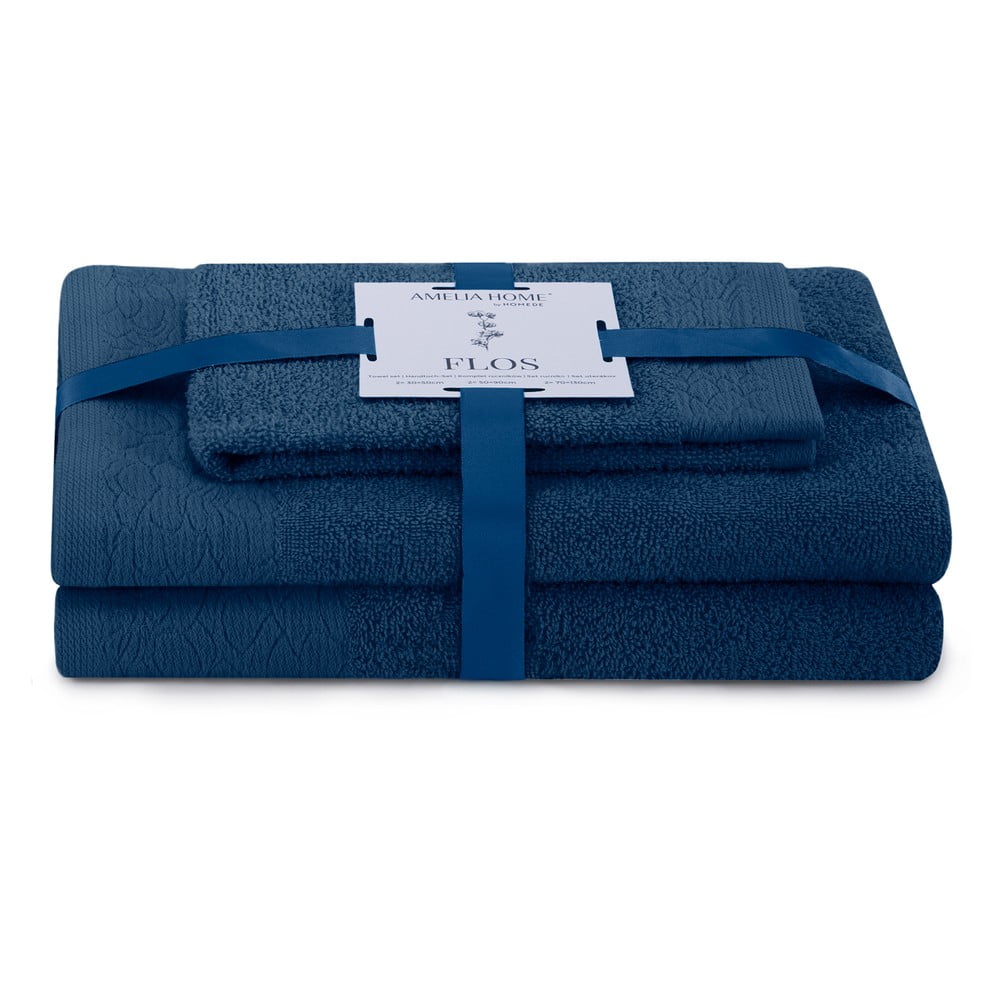 Sötétkék frottír pamut törölköző és fürdőlepedő készlet 3 db-os Flos – Restilo