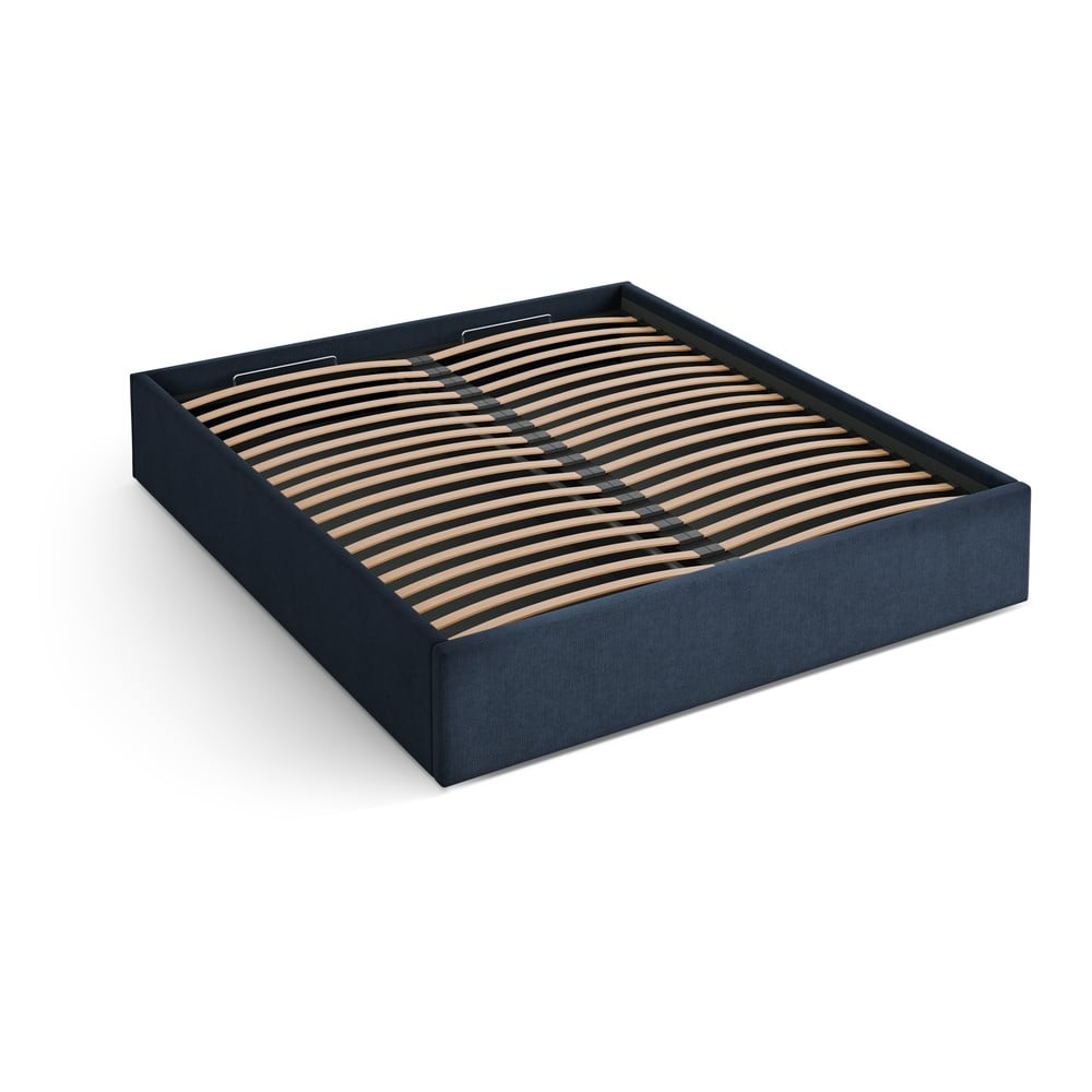 Sötétkék kárpitozott ágyneműtartós-ágytámla nélkül franciaágy ágyráccsal 200x200 cm Susan – Micadoni