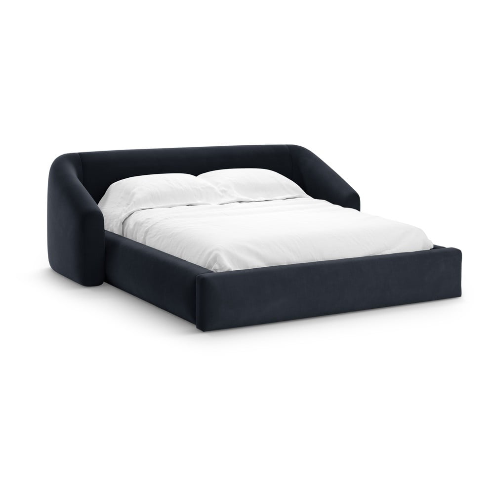 Sötétkék kárpitozott ágyneműtartós franciaágy ágyráccsal 160x200 cm Campi – Cosmopolitan Design