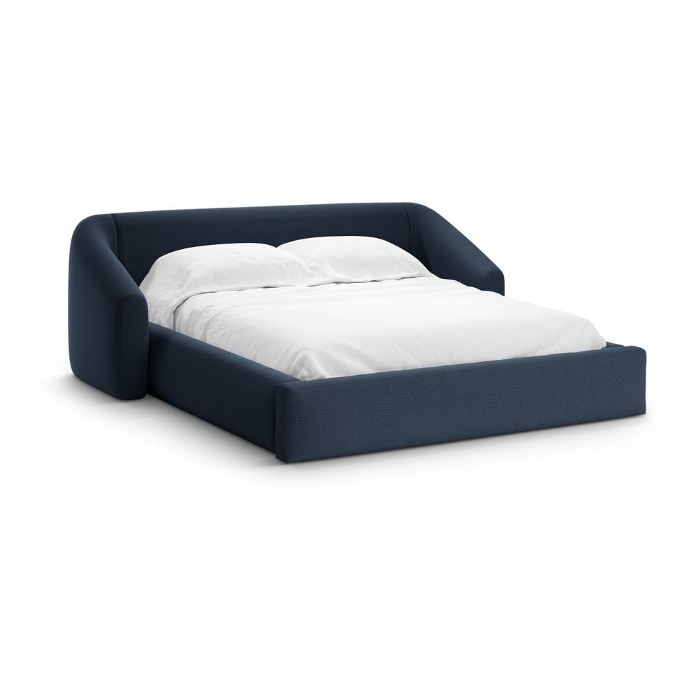 Sötétkék kárpitozott ágyneműtartós franciaágy ágyráccsal 180x200 cm Campi – Cosmopolitan Design