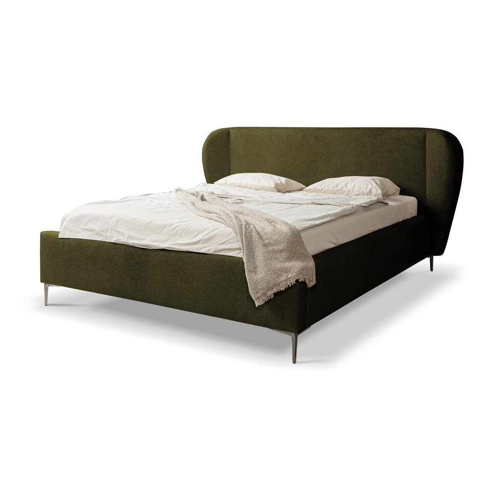 Sötétzöld kárpitozott franciaágy ágyráccsal 140x200 cm Makana – Makamii