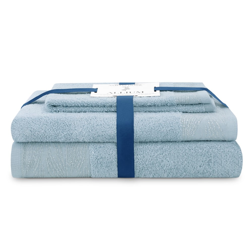 Világoskék frottír pamut törölköző és fürdőlepedő készlet 3 db-os Allium – Restilo