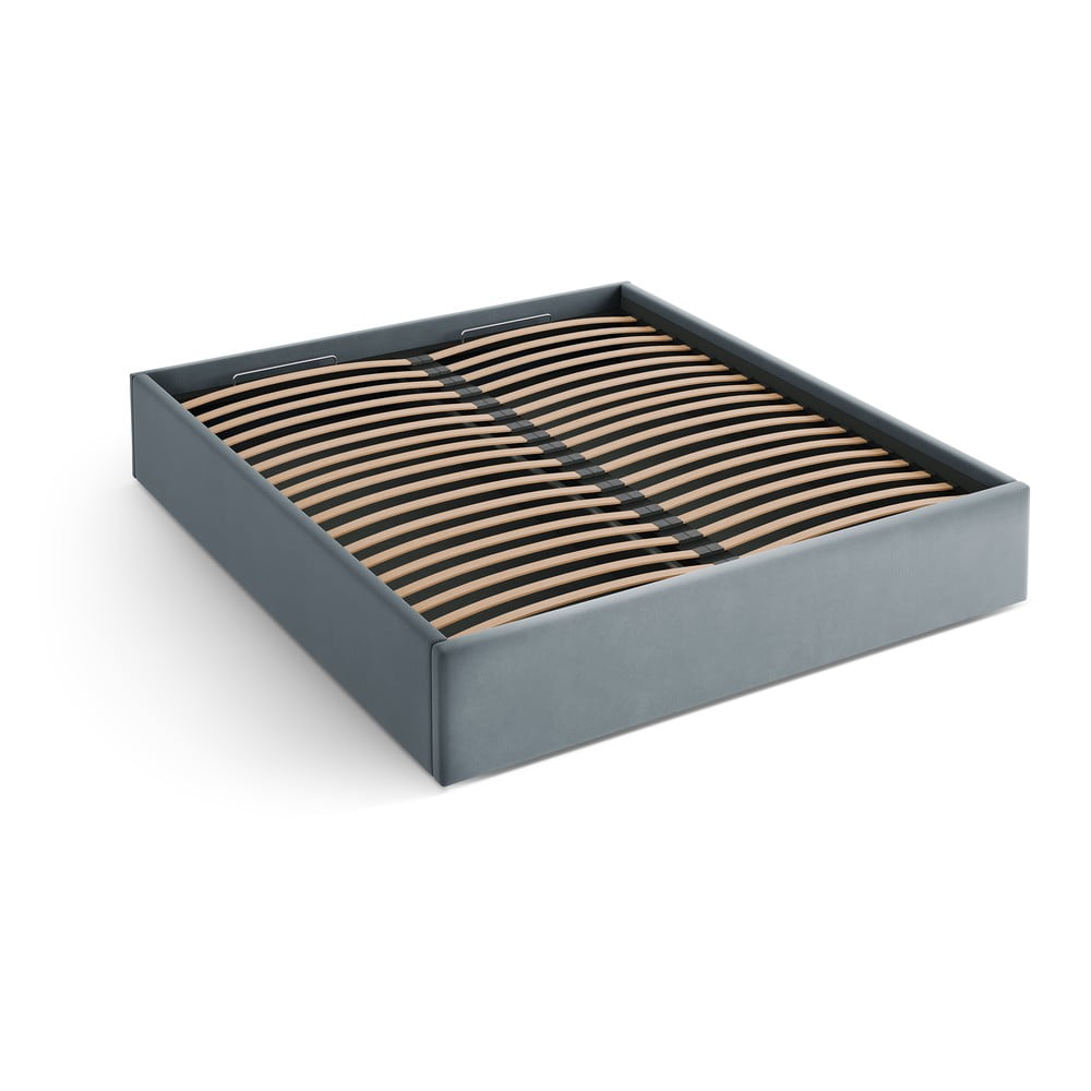 Világoskék kárpitozott ágyneműtartós-ágytámla nélkül franciaágy ágyráccsal 200x200 cm Susan – Micadoni