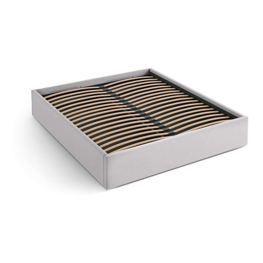 Világosszürke kárpitozott ágyneműtartós-ágytámla nélkül franciaágy ágyráccsal 180x200 cm Susan – Micadoni