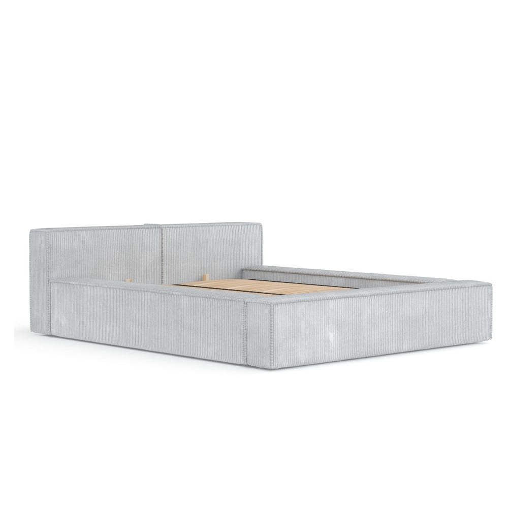 Világosszürke kárpitozott ágyneműtartós franciaágy ágyráccsal 160x200 cm Voliera – Maison de Rêve