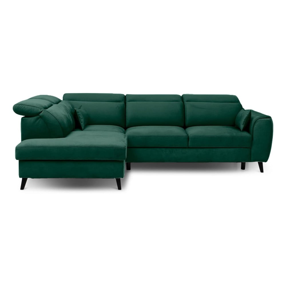 Zöld bársony kinyitható-tárolóhelyes sarokkanapé (bal oldali-L alakú) Noble – ELTAP