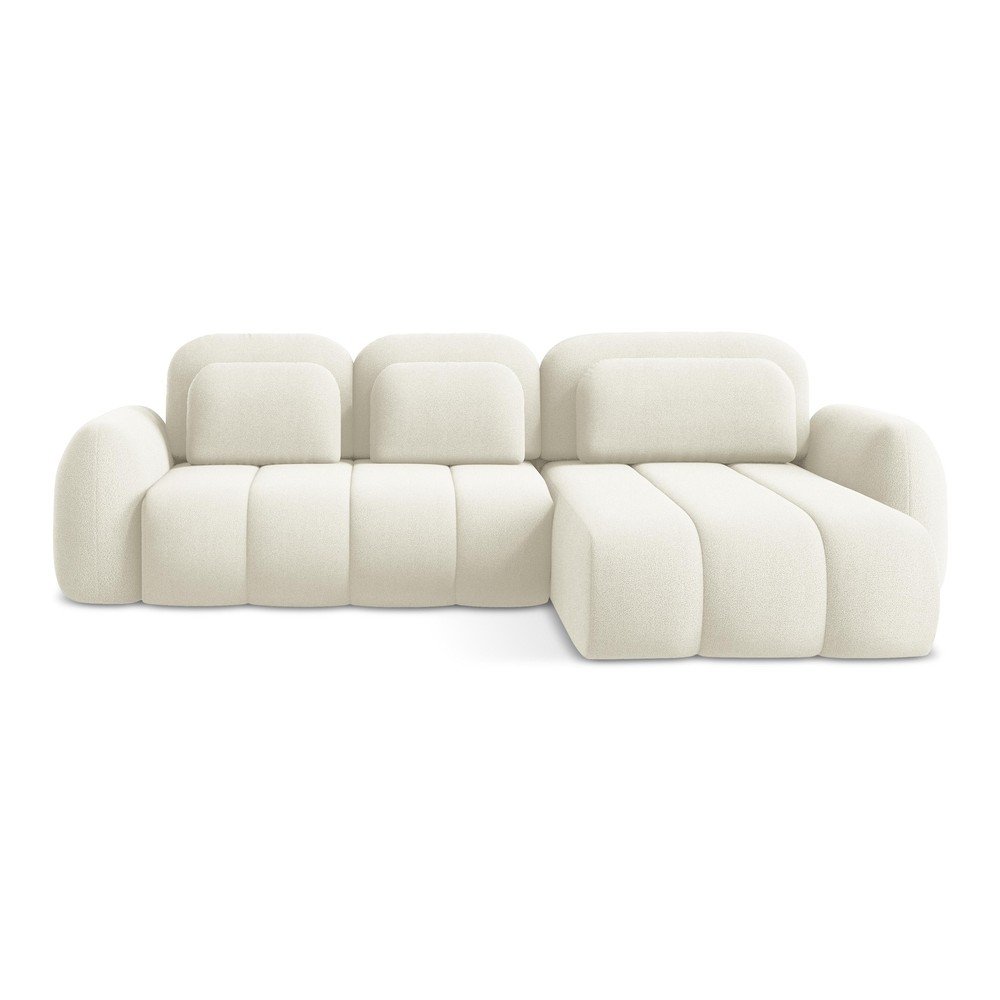 Bézs buklé kinyitható-tárolóhelyes sarokkanapé (jobb oldali-heverő résszel) Pele – Makamii