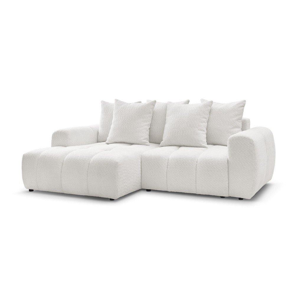 Fehér buklé kinyitható-tárolóhelyes sarokkanapé (bal oldali-heverő résszel) Roxelane – Bobochic Paris