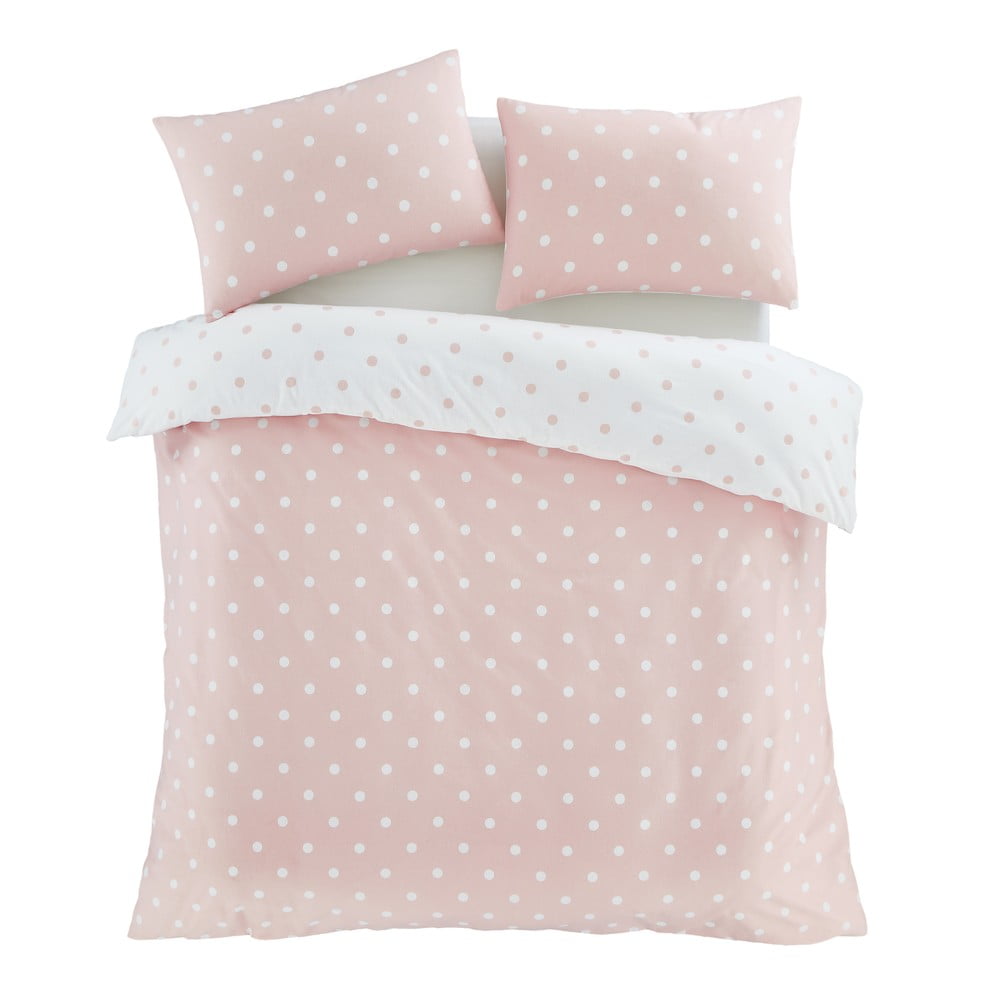 Fehér-rózsaszín kétszemélyes flanel ágyneműhuzat 200x200 cm Polka Dot – Catherine Lansfield