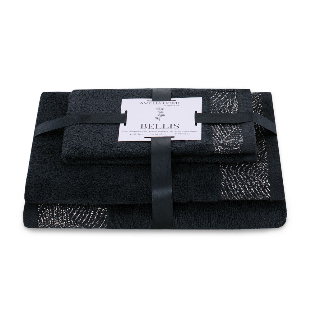 Fekete frottír pamut törölköző és fürdőlepedő készlet 3 db-os Bellis – Restilo